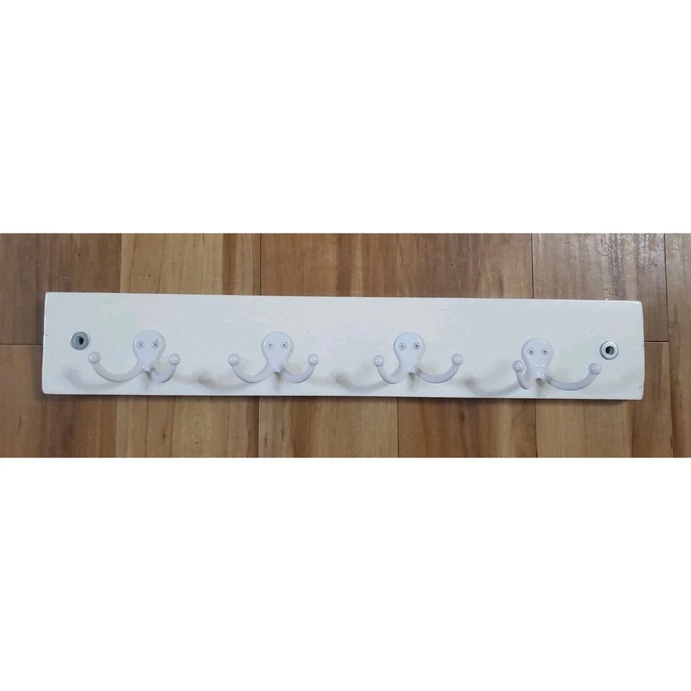White Wooden Wall Mount Hook Rail 4 Heavy Duty Double Hooks Towel Hanger